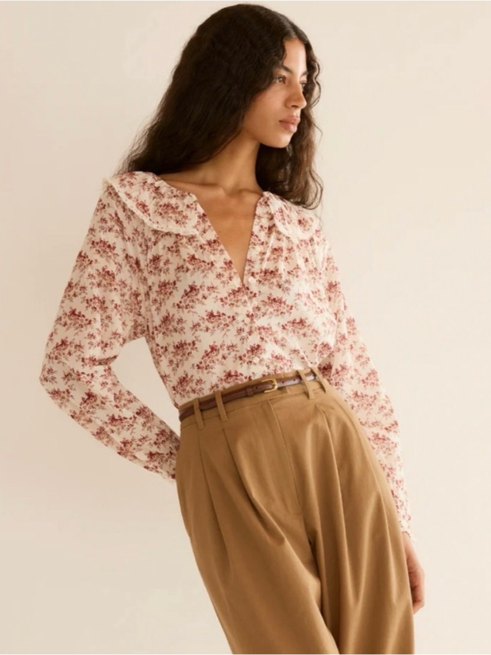 Doen Jean Cotton Ruffle Lace Collar Long Sleeve Top Ivory Rosier Floral Red Wine